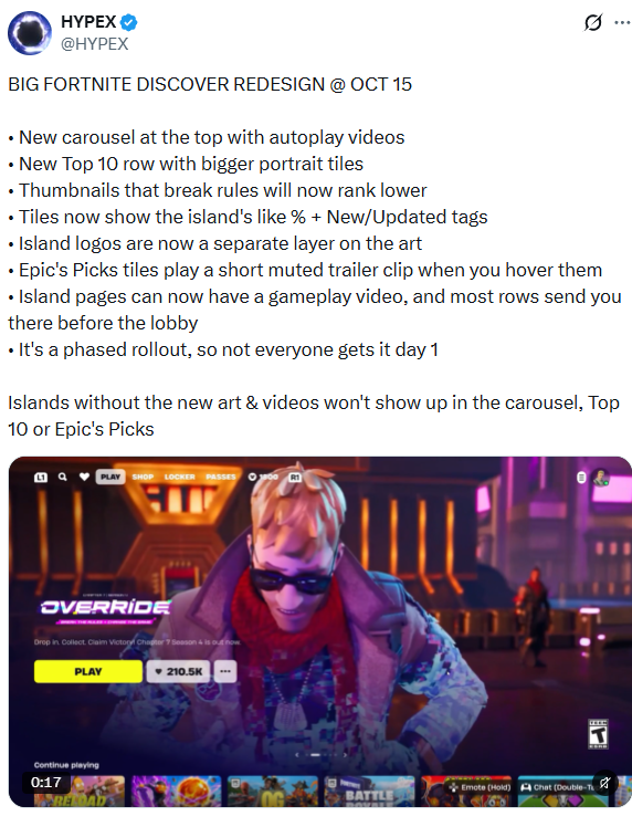 Post summarising the Fortnite Discover redesign arriving October 15